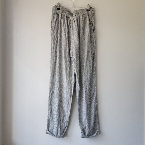 Max Studio Linen Pull On Pants | Women's Small | White Charcoal Gray Stripe NEW - Picture 4 of 8